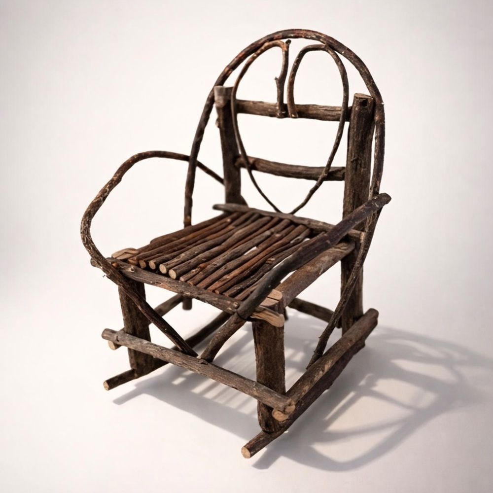 MINI STICK WOOD HANDMADE COTTAGECORE ROCKING CHAIR HEART‎ RUSTIC COUNTRY CABIN